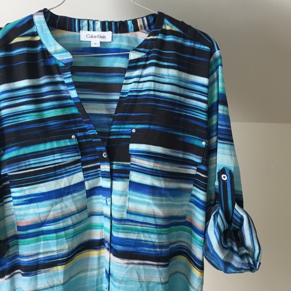 CALVIN KLEIN Blue Teal Stripe Oversized Button Top - Picture 3 of 7